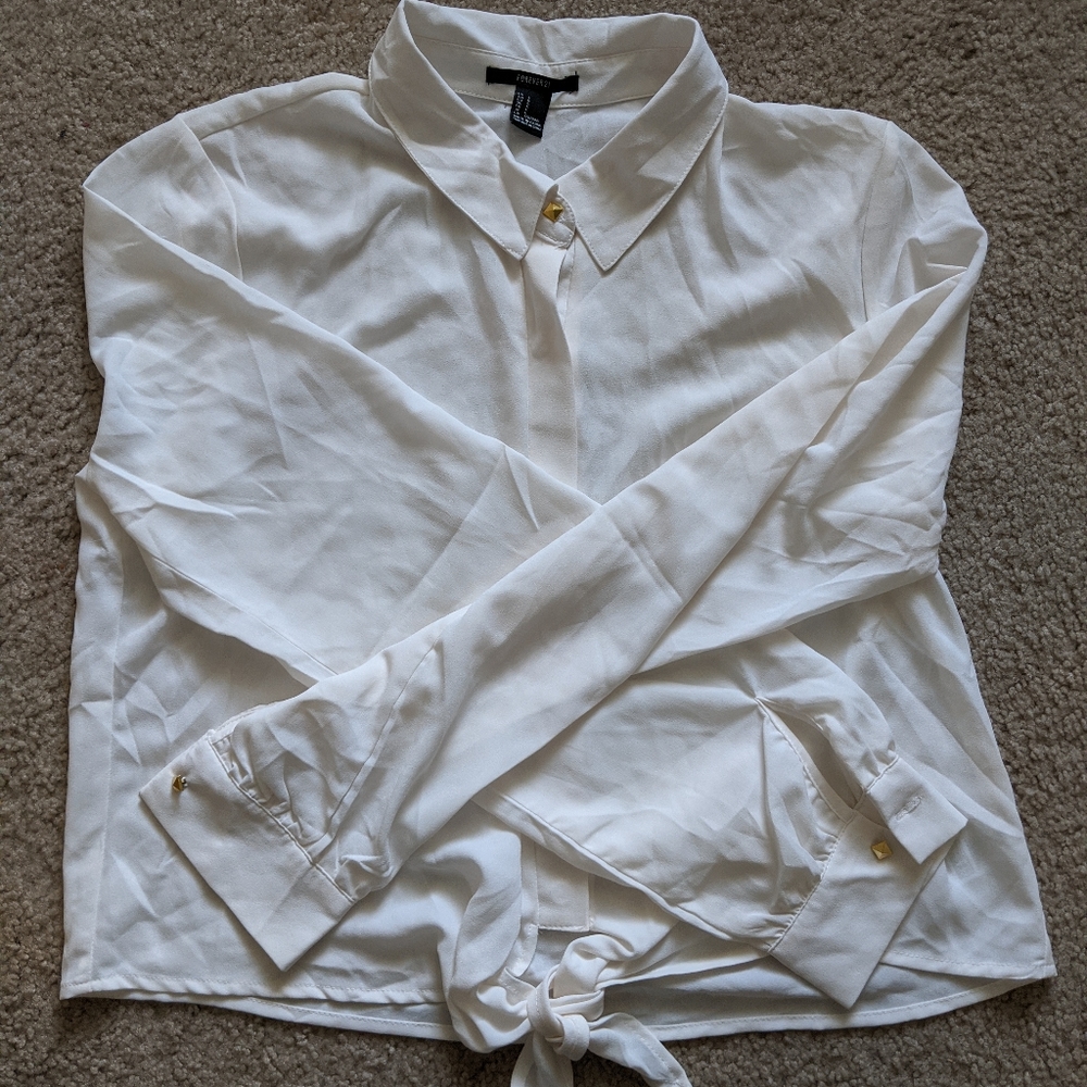 Forever 21 Longsleeve Cream Tie Front Top